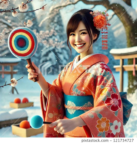 A Japanese woman in a vibrant furisode kimono enjoying New Year's fun is depicted in this generated illustration. 121734727