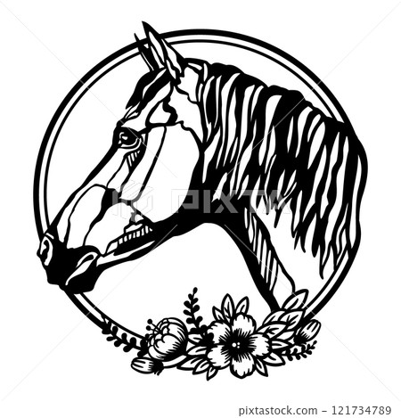 Horse head with flowers in a circle vector illustration 121734789