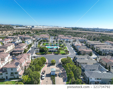 Aerial view of middle class community identical condominium, Oceanside, South California 121734792