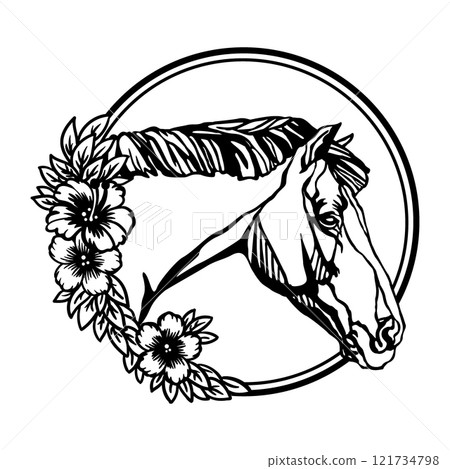 Horse head with flowers in a round shape vector illustration 121734798