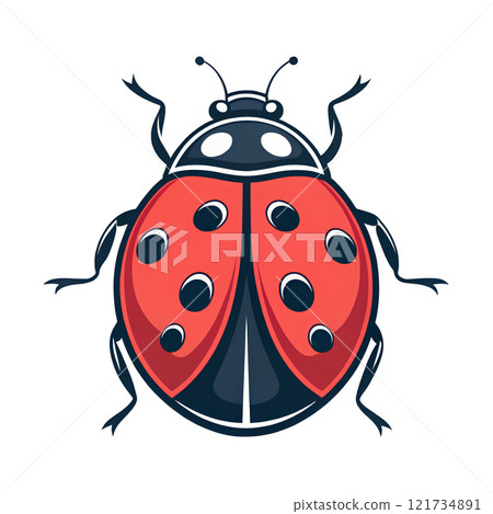 Bright red ladybug with black spots on a white background exhibiting detailed features 121734891