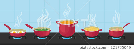 Red Pots And Pans On Gas Stove. Boiling Soup, Frying Eggs, Cooking Vegetables, Pasta, Boiling Eggs. Steam Rising From Cookware, Modern Kitchen. Cooking, Kitchen, Food Illustrations 121735049