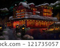 手繪的日式旅館夜晚積雪的風景插畫 121735057