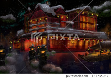 Hand-drawn illustration of a Japanese-style inn on a snowy night Hand-drawn illustration of a Japanese-style inn on a snowy night 121735057