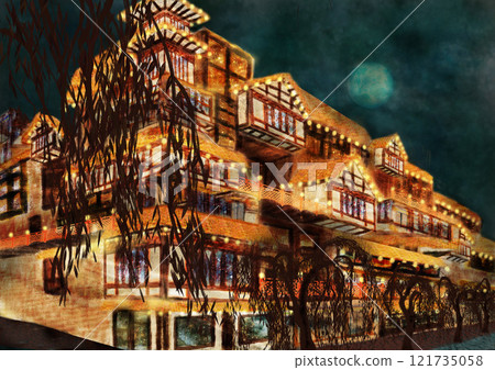 描繪日式奇幻建築的風景插畫 描繪日式奇幻建築的風景插畫 121735058