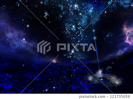 Hand-drawn landscape illustration of a shooting star and a starry sky Hand-drawn landscape illustration of a shooting star and a starry sky 121735059