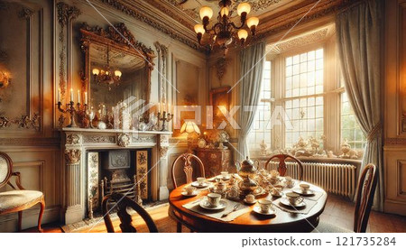 陽光普照的古董房間,擺放著維多利亞風格的家具 陽光普照的古董房間,擺放著維多利亞風格的家具 121735284