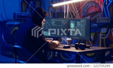 Hacker uses PC to target vulnerable unpatched connections, seeking to compromise digital devices and steal valuable sensitive data. Rogue programmer finds exploits for system vulnerabilities, camera B 121735295