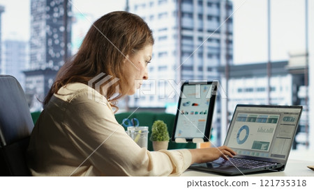 Ambitious female leader developing a new business plan, showcasing her expertise in target analysis, strategic thinking and commitment to achieving company objectives. Decision making. Camera B. 121735318
