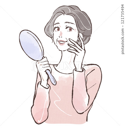 Beautiful senior woman looking at the mirror with a happy expression Beautiful senior woman looking at the mirror with a happy expression 121735494