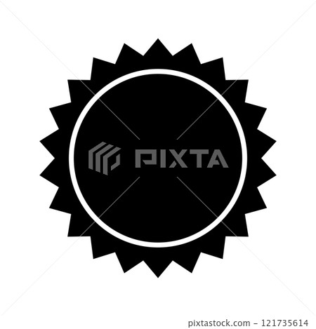 Sun icon. Sunburst, sunlight, sunshine silhouette. Circular badge, stamp, label or price tag with zigzag edges. Empty discount, sale, promo sticker isolated on white background. Vector illustration 121735614