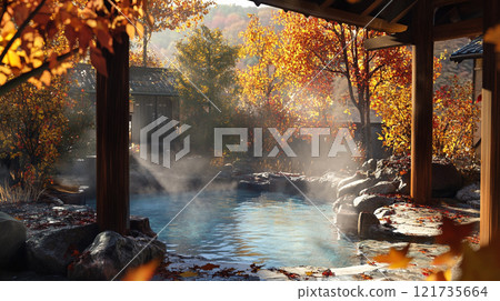 Open-air bath with autumn leaves 121735664
