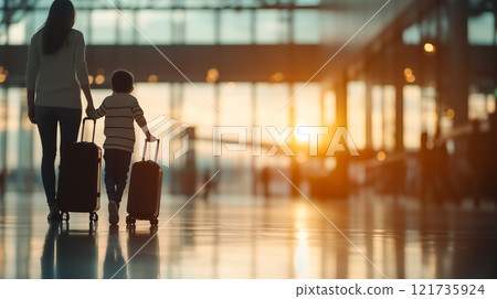 Elegant travelers walking through bright airport terminal, image of family traveling abroad 121735924