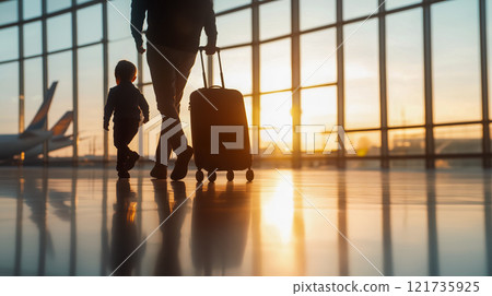 Elegant travelers walking through bright airport terminal, image of family traveling abroad 121735925