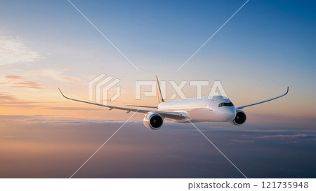 Silhouette of a commercial airplane flying in a colorful sunrise sky 121735948