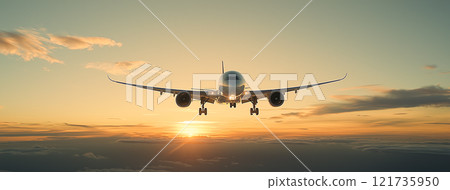 Silhouette of a commercial airplane flying in a colorful sunrise sky 121735950