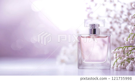 Luxury fragrance bottle with pastel pink perfume 121735998