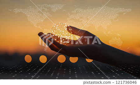 拿著發光的數位球體的未來派手 121736046