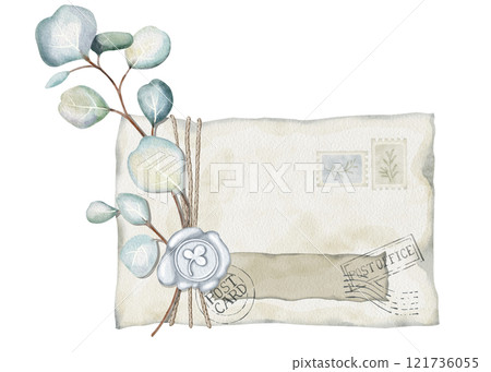 Watercolor illustration of folded paper envelope with eucalyptus branch, stamp and wax seal. Suitable for wedding invitations, greeting cards, rustic decor, elegant design for nature-themed marketing. Watercolor illustration of folded paper envelope with eucalyptus branch, stamp and wax seal. Suitable for wedding invitations, greeting cards, rustic decor, elegant design for nature-themed marketing. 121736055