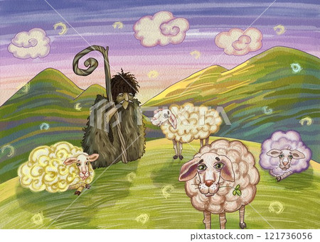 Watercolor illustration of old shepherd and four funny sheep, standing on hills. Can be used for children's books illustrations, farm or rural-themed designs, stickers, greeting cards, app and website Watercolor illustration of old shepherd and four funny sheep, standing on hills. Can be used for children's books illustrations, farm or rural-themed designs, stickers, greeting cards, app and website 121736056