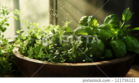 Fresh basil, mint, and other herbs fill a wooden bowl, glistening in warm sunlight pouring through a window, bringing life to the kitchen ambiance 121736121