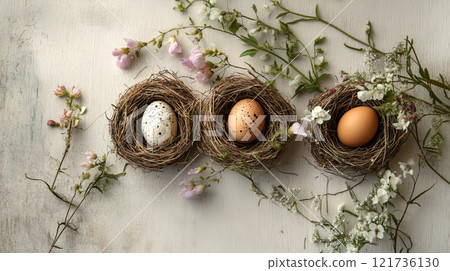 Speckled eggs rest in natural nests of straw and twigs, surrounded by delicate spring flowers and greenery, evoking a cozy vibe Speckled eggs rest in natural nests of straw and twigs, surrounded by delicate spring flowers and greenery, evoking a cozy vibe 121736130