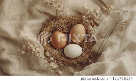 Natural brown and white eggs rest in rustic nests, surrounded by dried wildflowers and feathers, creating a warm, cozy ambiance 121736134