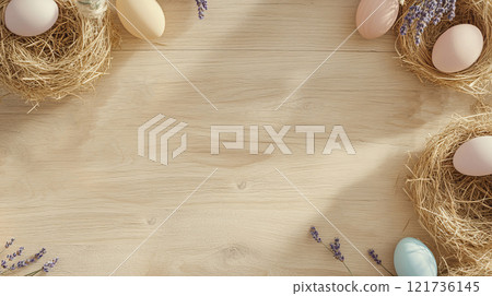 Decorative Easter flat lay showcases a warm arrangement of colorful eggs, straw nests, and lavender on a light wooden surface, evoking a cozy feel 121736145