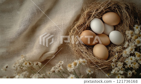 Natural brown and white eggs rest in rustic nests made of hay, surrounded by dried wildflowers on a soft burlap backdrop 121736168