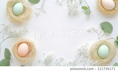 Pastel-colored eggs rest in straw and moss nests surrounded by leaves and baby's breath, enhancing a soft spring atmosphere perfect for Easter Pastel-colored eggs rest in straw and moss nests surrounded by leaves and baby's breath, enhancing a soft spring atmosphere perfect for Easter 121736171