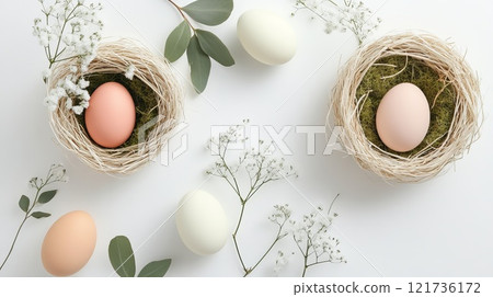 Pastel eggs in straw nests, surrounded by leaves and baby's breath, create a gentle spring vibe Pastel eggs in straw nests, surrounded by leaves and baby's breath, create a gentle spring vibe 121736172