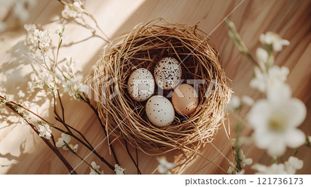 Speckled eggs rest in cozy bird nests made of straw and twigs, adorned with delicate spring flowers and greenery Speckled eggs rest in cozy bird nests made of straw and twigs, adorned with delicate spring flowers and greenery 121736173