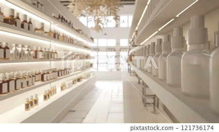 A spacious fragrance store showcases numerous glass bottles and jars on white shelves, highlighted by soft lighting, creating a sophisticated shopping experience A spacious fragrance store showcases numerous glass bottles and jars on white shelves, highlighted by soft lighting, creating a sophisticated shopping experience 121736174