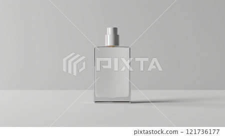 A sleek, transparent perfume bottle stands upright on a light surface, featuring a minimalist design that highlights its elegance in soft, diffused lighting 121736177