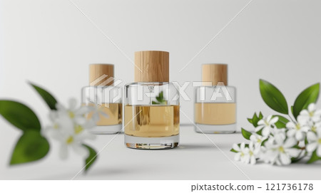 Three beautifully designed glass perfume bottles with wooden caps are arranged artistically, surrounded by delicate white flowers and green leaves, evoking a sense of tranquility 121736178