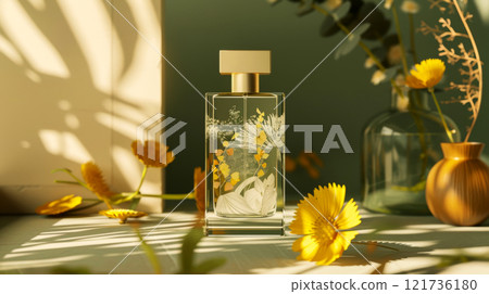 A beautifully designed perfume bottle sits gracefully among yellow flowers, with soft light casting delicate shadows, creating an inviting atmosphere 121736180