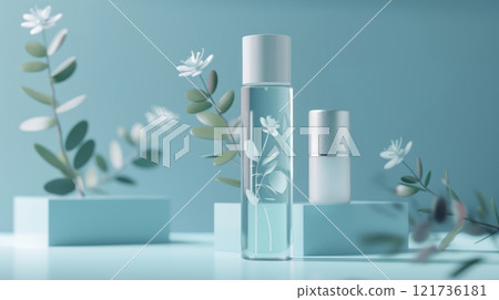Delicate glass bottles featuring floral artwork are arranged with lush greenery against a calming blue backdrop, creating an aesthetic and serene atmosphere 121736181