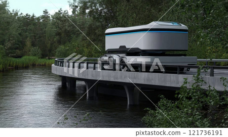 A high-tech autonomous truck equipped with artificial intelligence travels smoothly over a bridge, enhancing cargo delivery efficiency A high-tech autonomous truck equipped with artificial intelligence travels smoothly over a bridge, enhancing cargo delivery efficiency 121736191