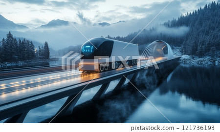 A sleek autonomous truck drives over a modern bridge spanning a tranquil river, representing the future of transportation and logistics 121736193