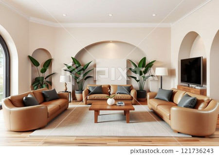 A minimalist living room featuring a curvaceous leather sofa and earthy tones 121736243