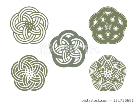 Mizuhiki plum knot and plum flower mark icon set (green/khaki) Traditional Japanese style illustration material Mizuhiki plum knot and plum flower mark icon set (green/khaki) Traditional Japanese style illustration material 121736691