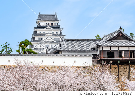 Hiroshima: Fukuyama Castle with cherry blossoms in full bloom, castle tower and bathhouse (from Fukuyama Station) 121736858