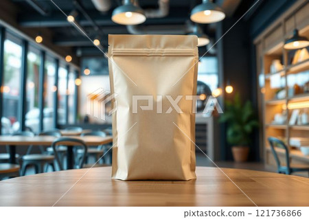 牛皮紙袋放在舒適咖啡館的桌上 121736866