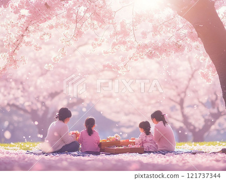A spring picnic for parents and children under the cherry blossoms A spring picnic for parents and children under the cherry blossoms 121737344