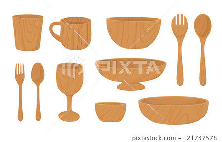 Illustration of a wooden cup, spoon, fork and salad bowl 121737578
