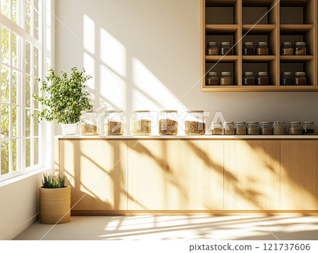 A simple, natural kitchen with plenty of natural light A simple, natural kitchen with plenty of natural light 121737606