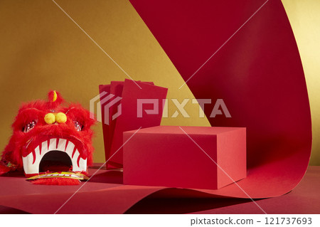A front view of various rectangular product display platforms with red paper strings, perfect for the Lunar New Year concept, set against a golden backdrop. 121737693