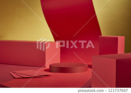 Frontal view of a Lunar New Year-themed picture with a yellow backdrop. Some platforms for displaying product advertisements are adorned with red paper strings and fortunate envelopes. 121737697