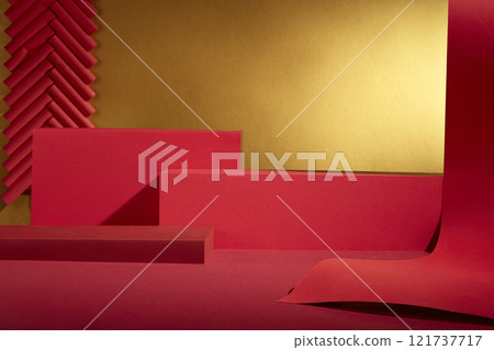 The front view shows some empty red rectangular platforms for product displays, decorated by red firecrackers and red paper strings, against a golden backdrop. The Lunar New Year themes. The front view shows some empty red rectangular platforms for product displays, decorated by red firecrackers and red paper strings, against a golden backdrop. The Lunar New Year themes. 121737717