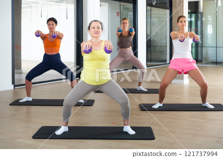 Women with dumbbells doing exercises Women with dumbbells doing exercises 121737994